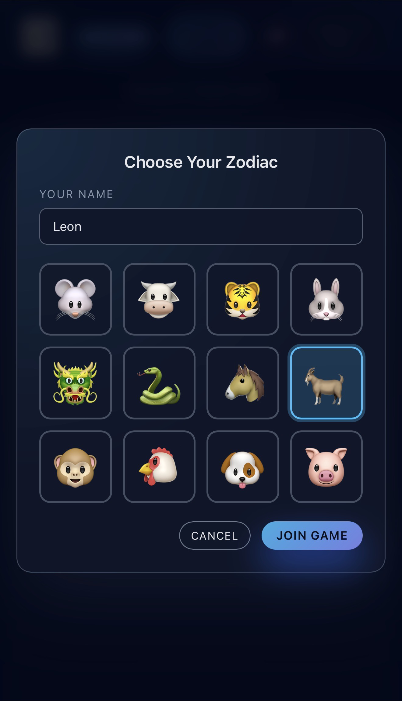 Phone screenshot: enter name and choose zodiac character
